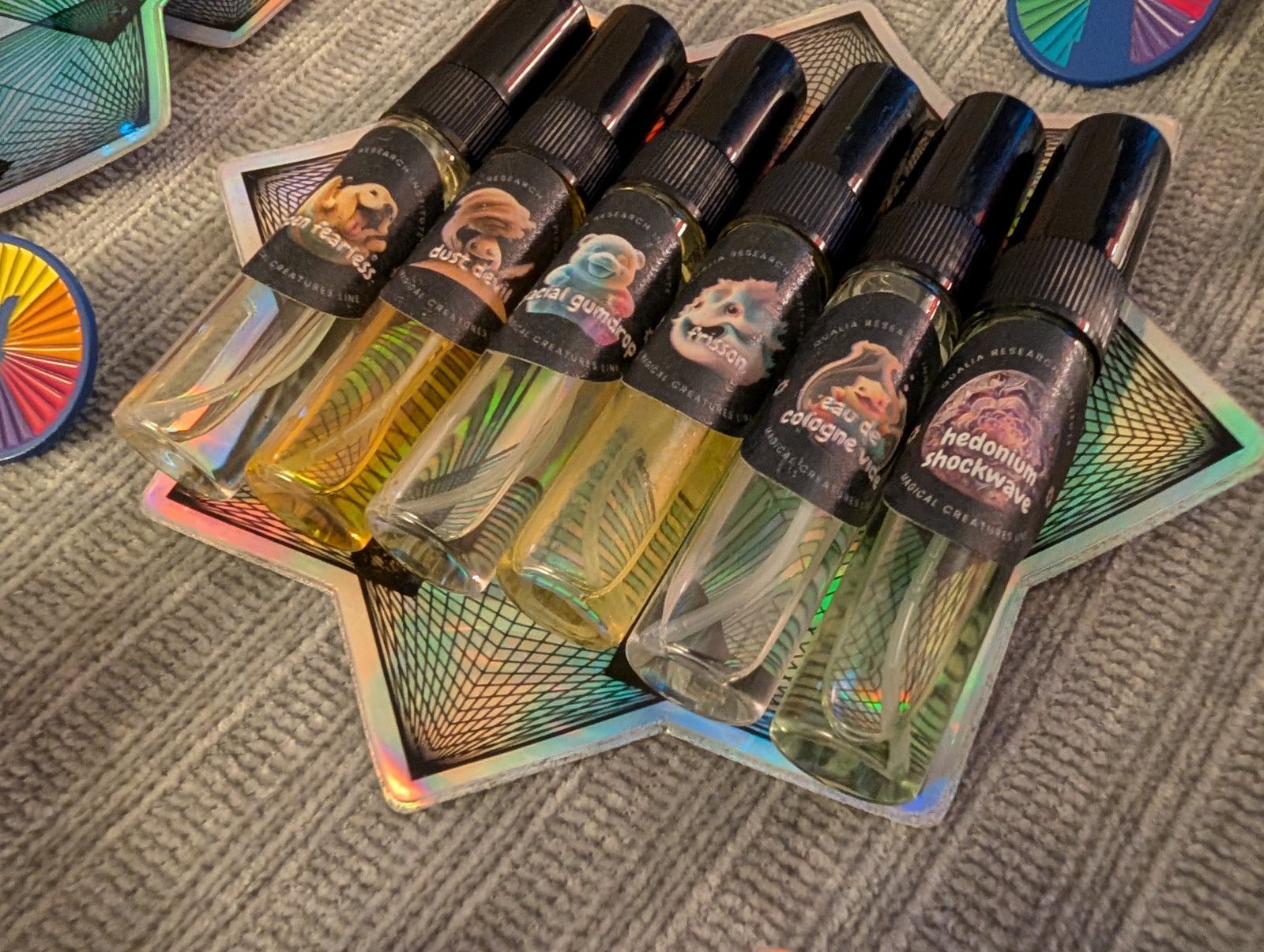 Close-up of the QRI perfume bottles