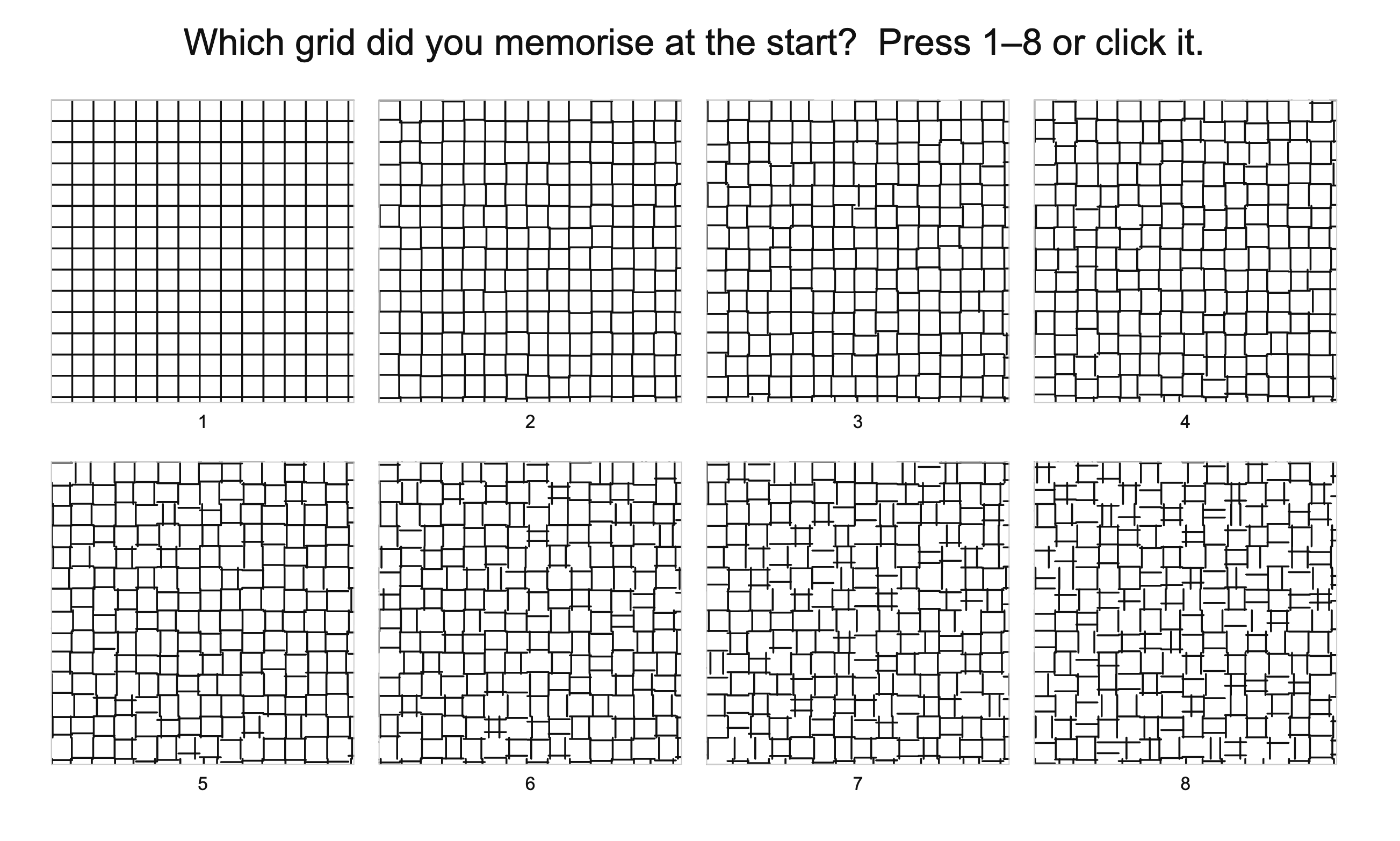 The matching screen: eight grids from regular to uneven