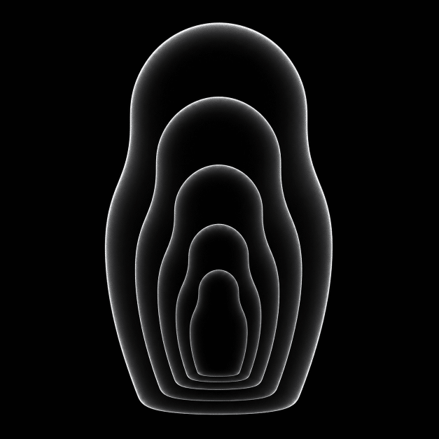 3d rendering of nested Russian dolls with x-ray vision. each doll is just a shape without texture. an infinitesimally thin shell. bubble rendering style: each doll is rendered with white color at glancing angles between camera ray and edge surface, quickly fading to transparent further in. thus we just see the ghostly silhouettes of each doll inside each other.